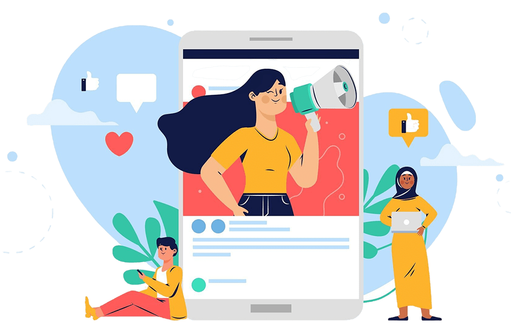 Grafica vettoriale di professionisti che comunicano il proprio brand online attraverso un sito web e i social media