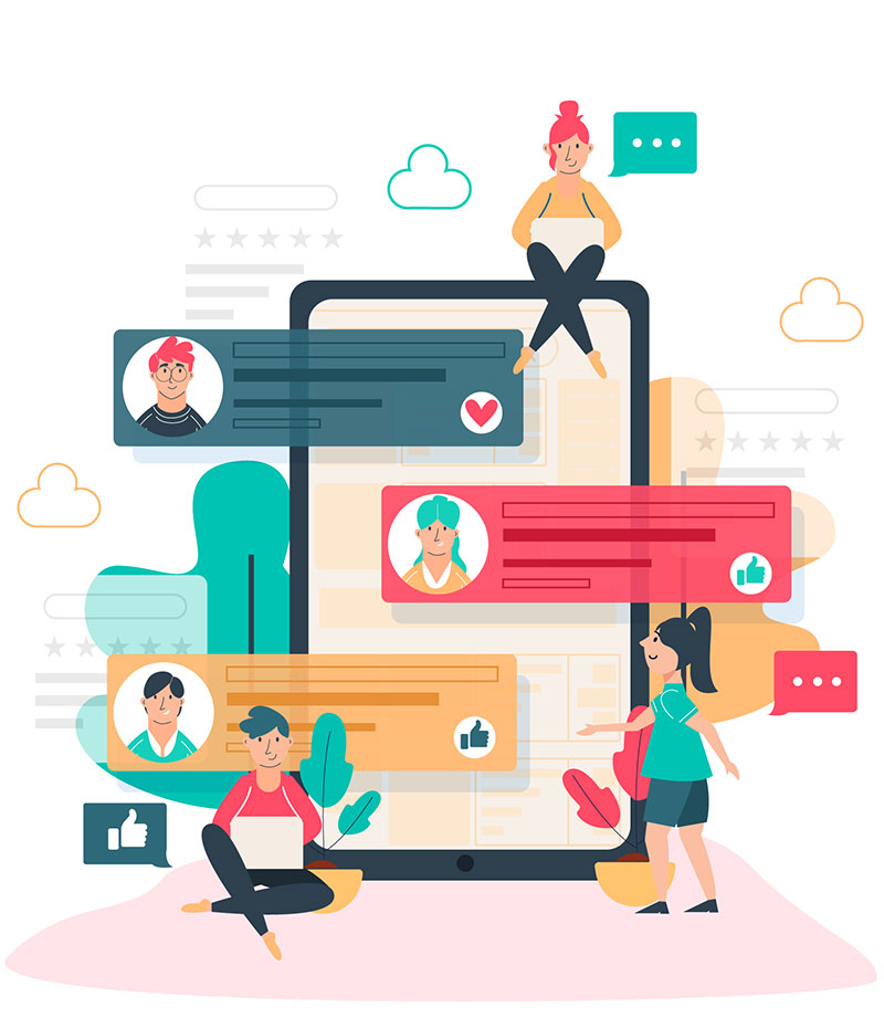 Grafica vettoriale con smartphone e persone che interagiscono, simbolo di feedback positivi e progetti web di successo