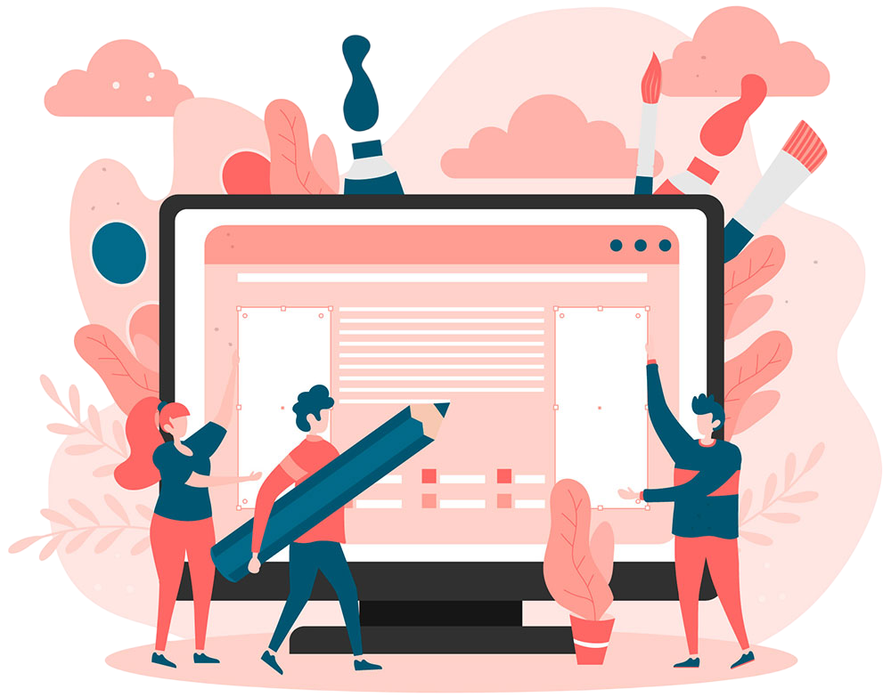 Tre persone che lavorano alla progettazione di un sito web, rappresentazione della collaborazione e del processo creativo su misura