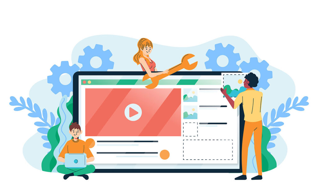 Grafica vettoriale di tre persone che collaborano alla realizzazione di un sito web personalizzato per comunicare il valore del brand