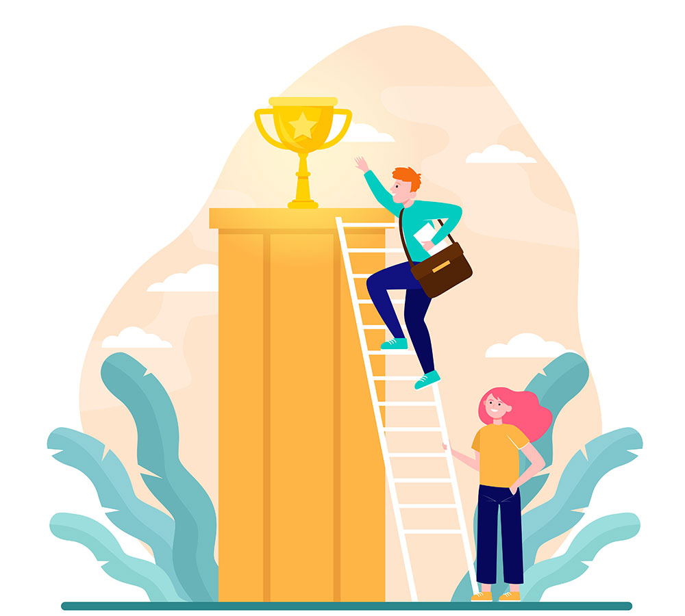 Grafica di un professionista che sale una scala verso un trofeo, aiutato da una web designer: simbolo di crescita, supporto e riconoscimento del valore del brand
