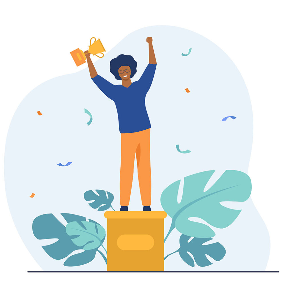 Grafica di un professionista sul podio con un trofeo: simbolo della forza dell’unicità e del successo nel distinguersi attraverso un sito web personalizzato